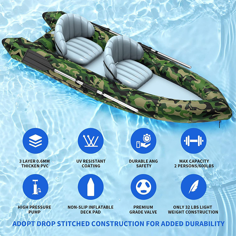 XHYCPY Inflatable Boat for Adults, 2 Person Inflatable Touring Kayak, 9.8FT Portable Camouflage Fishing Kayak Raft with Paddles Air Pump Carry Bag