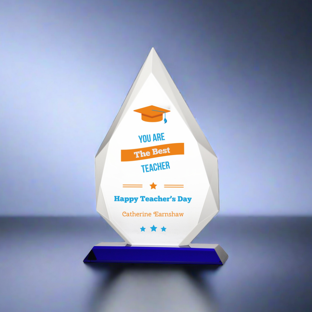 Crystal Diamond Obelisk Teacher’s Day Gift Memento with Blue Base