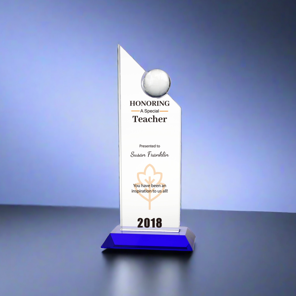 Personalized Clear Crystal Special Teacher Recognition Trophy with Globe Decoration