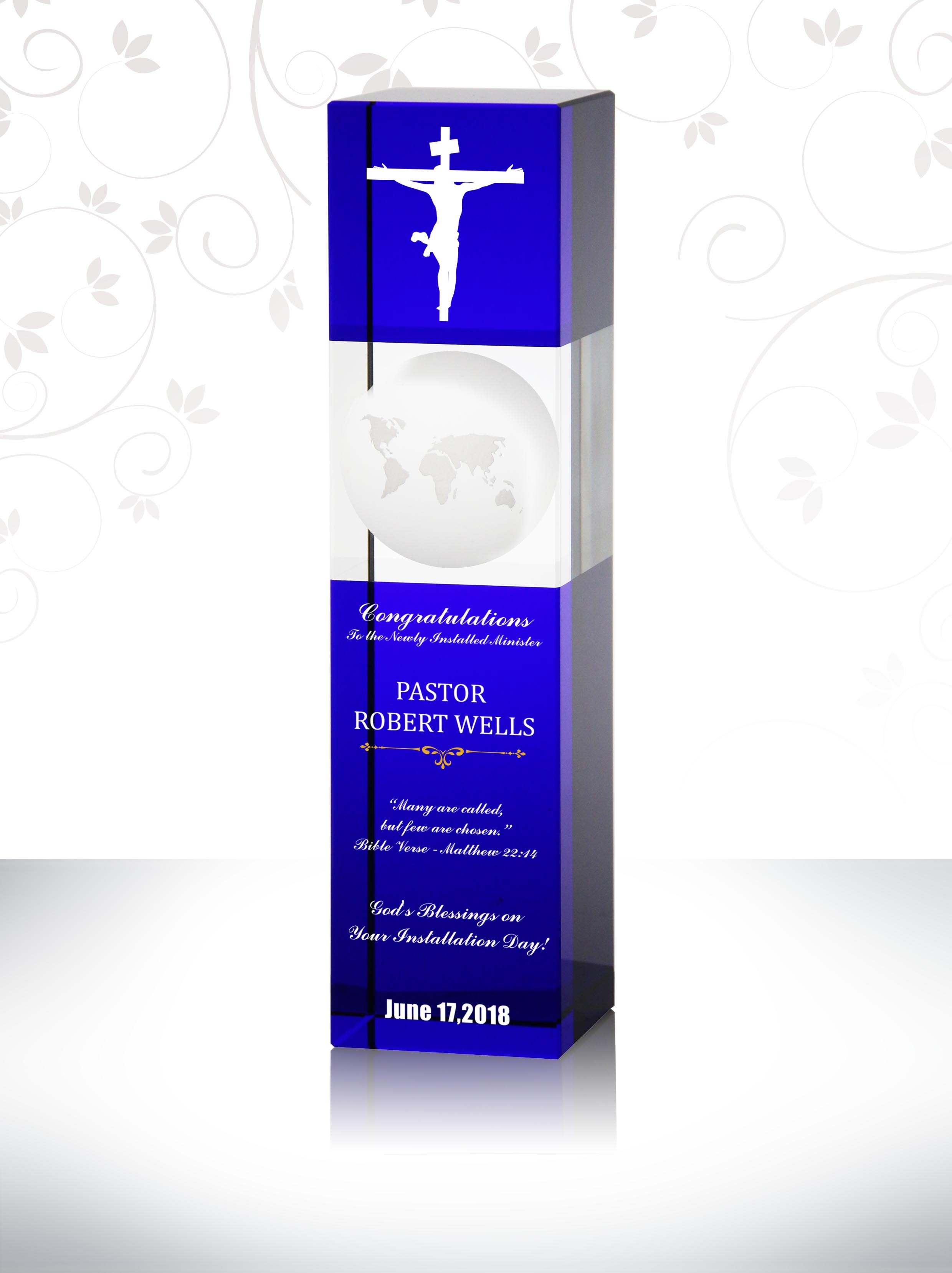 Blue Optical Crystal Square Plaque for Priest Cathedral Pastor Installation Gift Custom Presents for worship leader