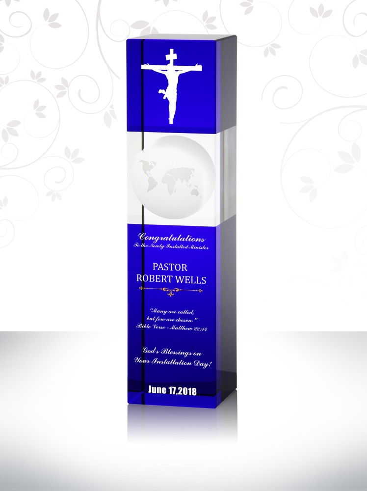 Blue Optical Crystal Square Plaque for Priest Cathedral Pastor Installation Gift Custom Presents for worship leader