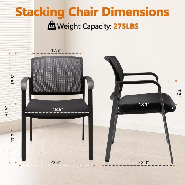 CLATINA Mesh Back Stacking Arm Chairs with Upholstered Fabric Seat and Ergonomic Lumbar Support for Office School Church Guest Reception Black 8 Pack Set New Version
