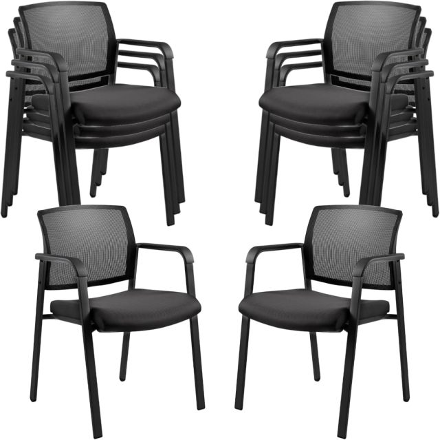 CLATINA Mesh Back Stacking Arm Chairs with Upholstered Fabric Seat and Ergonomic Lumbar Support for Office School Church Guest Reception Black 8 Pack Set New Version