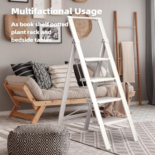 HillhutApex 4 Step Foldable Aluminum Step Ladder with Handgrip, Anti-Slip Pedal, 330 lbs Capacity, Lightweight & Portable for Home, Kitchen, Office, Garage (White)