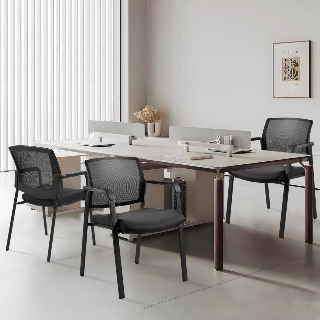 CLATINA Mesh Back Stacking Arm Chairs with Upholstered Fabric Seat and Ergonomic Lumbar Support for Office School Church Guest Reception Black 8 Pack Set New Version