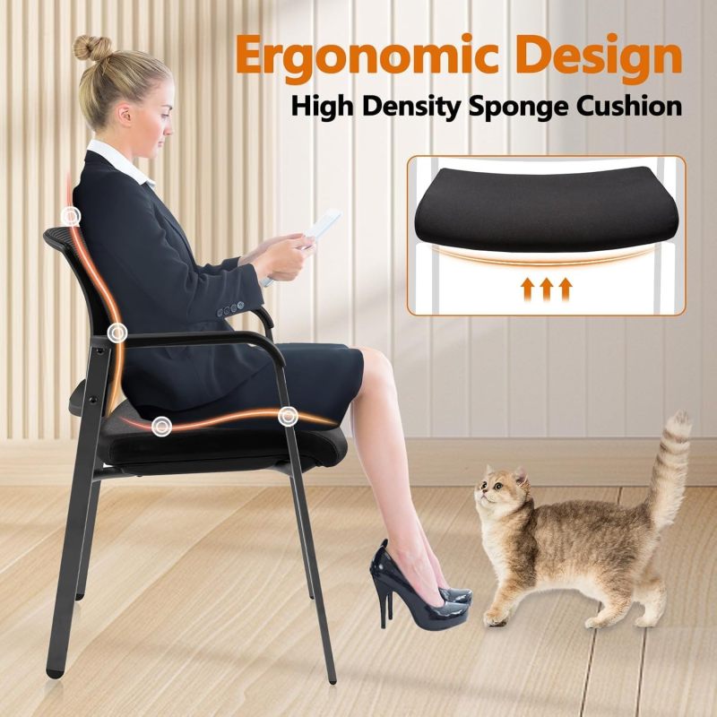 CLATINA Mesh Back Stacking Arm Chairs with Upholstered Fabric Seat and Ergonomic Lumbar Support for Office School Church Guest Reception Black 8 Pack Set New Version