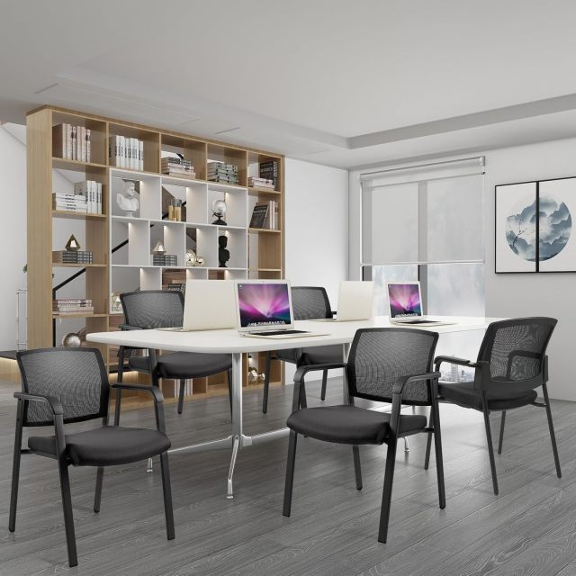 CLATINA Mesh Back Stacking Arm Chairs with Upholstered Fabric Seat and Ergonomic Lumbar Support for Office School Church Guest Reception Black 8 Pack Set New Version