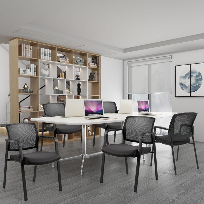 CLATINA Mesh Back Stacking Arm Chairs with Upholstered Fabric Seat and Ergonomic Lumbar Support for Office School Church Guest Reception Black 8 Pack Set New Version