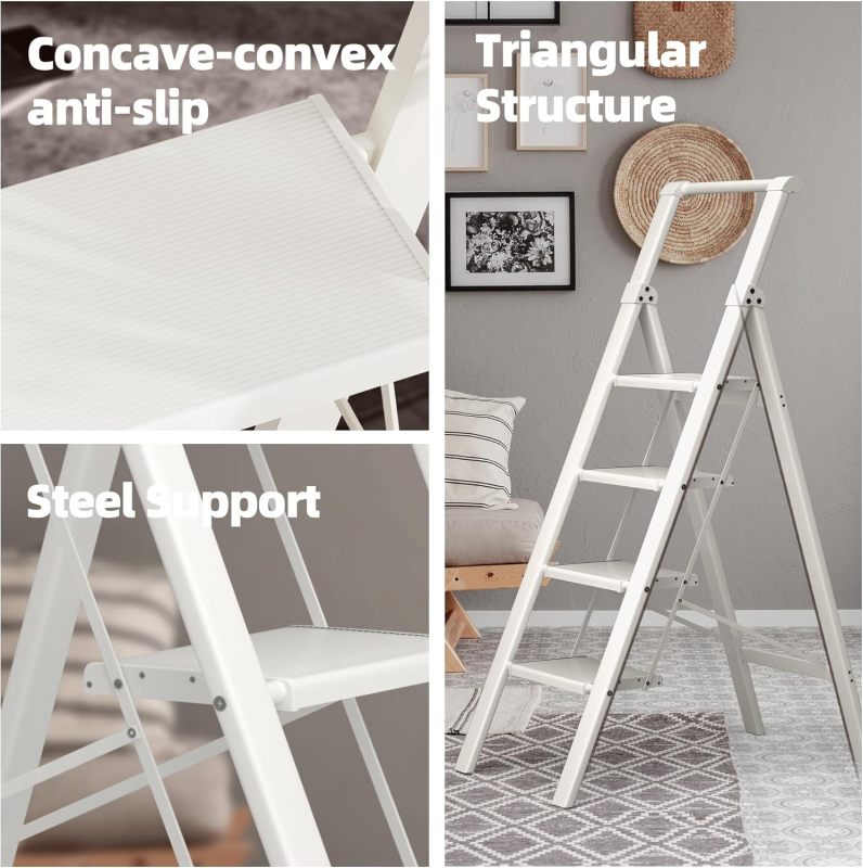 HillhutApex 4 Step Foldable Aluminum Step Ladder with Handgrip, Anti-Slip Pedal, 330 lbs Capacity, Lightweight & Portable for Home, Kitchen, Office, Garage (White)