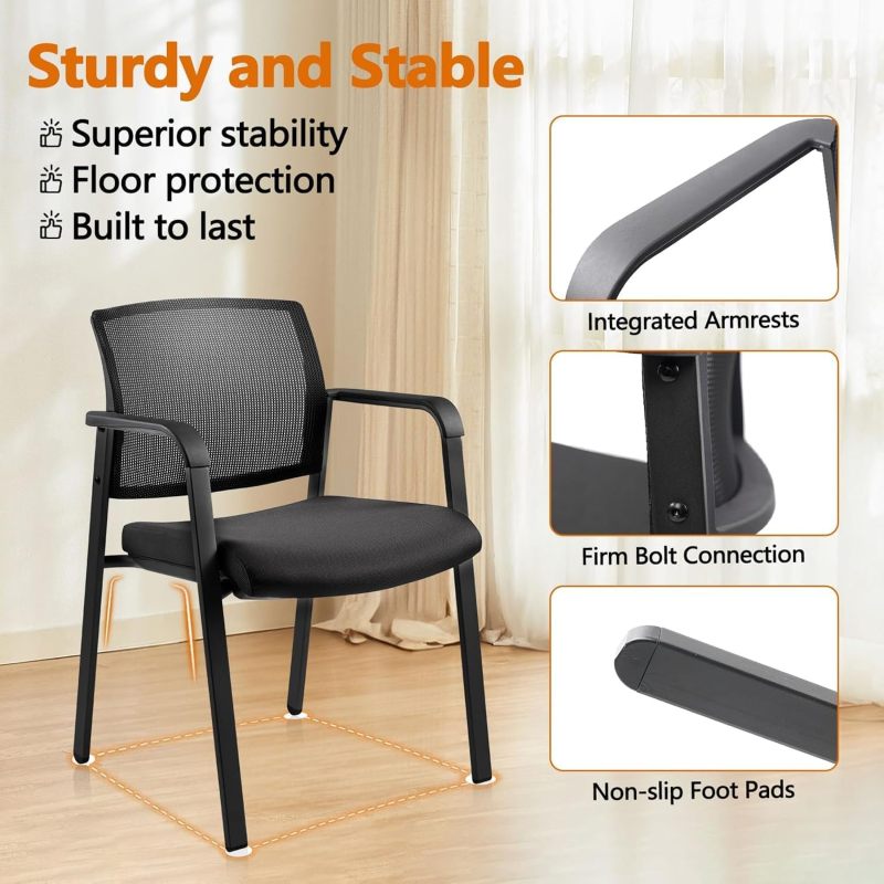 CLATINA Mesh Back Stacking Arm Chairs with Upholstered Fabric Seat and Ergonomic Lumbar Support for Office School Church Guest Reception Black 8 Pack Set New Version