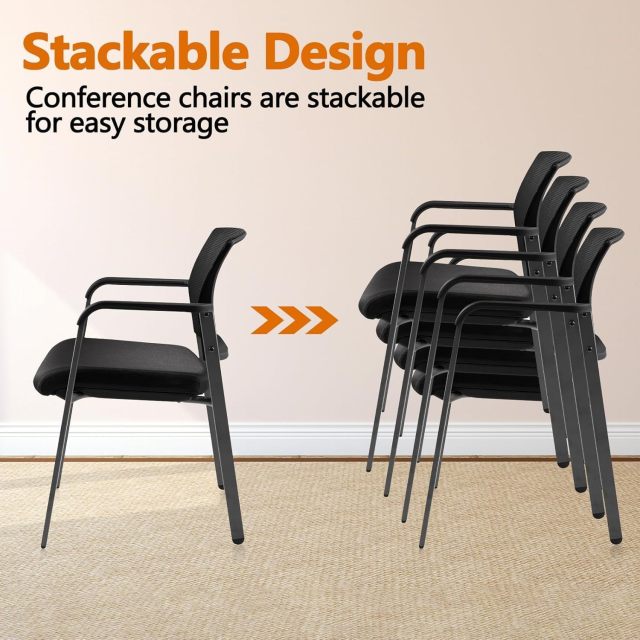 CLATINA Mesh Back Stacking Arm Chairs with Upholstered Fabric Seat and Ergonomic Lumbar Support for Office School Church Guest Reception Black 8 Pack Set New Version