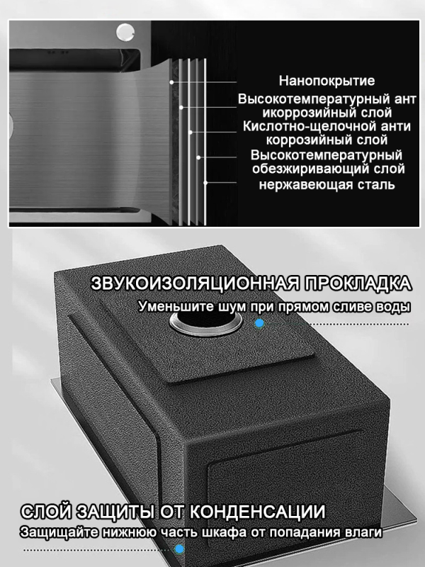 Мойка для кухни из нержавеющей стали, 60х45,многофункциональная мойка для кухни, раковина черная,