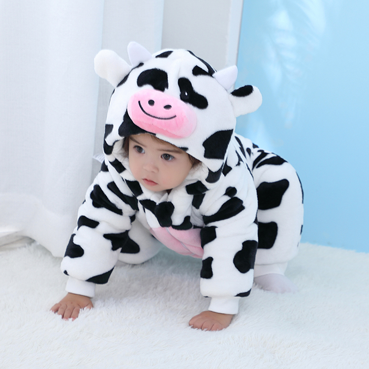 Michley Unisex Winter Warmth Full Sleeve 100% Polyester Boys Jumpsuits Animal Cow Baby Girls' Rompers QJM5