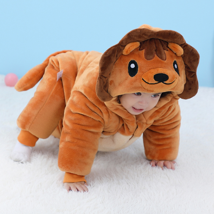 Michley Winter Cartoon Lion Double layer Baby Hooded Rompers Newborn Warm Jumpsuit Outfits Baby Infant Clothes QJM3