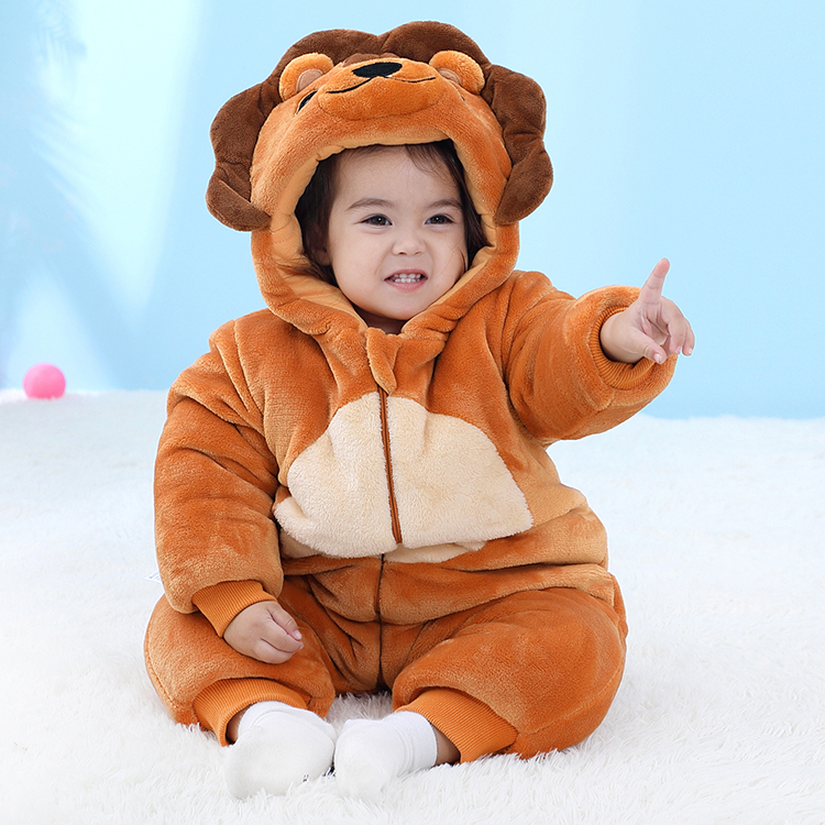 Michley Winter Cartoon Lion Double layer Baby Hooded Rompers Newborn Warm Jumpsuit Outfits Baby Infant Clothes QJM3