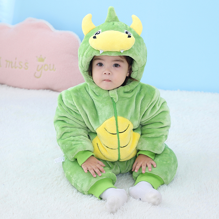 Michley Wholesale Thicken Baby Clothes Winter Long Cartoon Dinosaur Flannel Baby Bodysuit Animals Hooded Romper QJM2