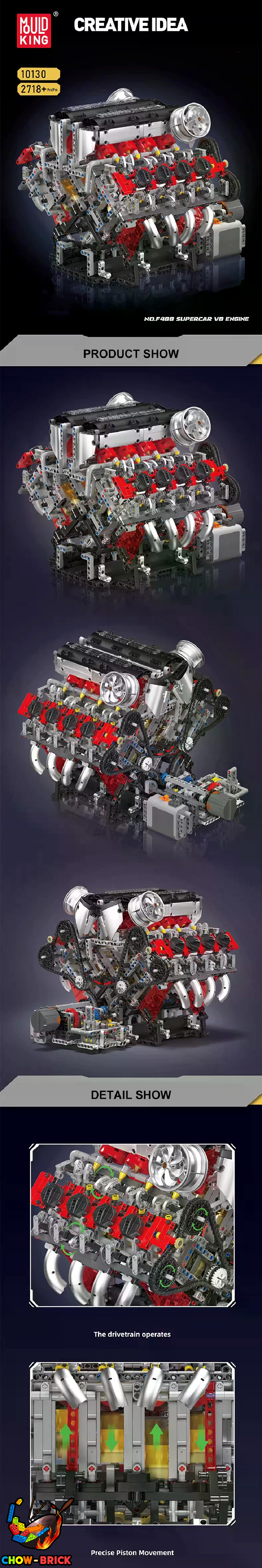Mould King 10130 F488 Supercar V8 Engine w/ PF Part - ChowBrick Store