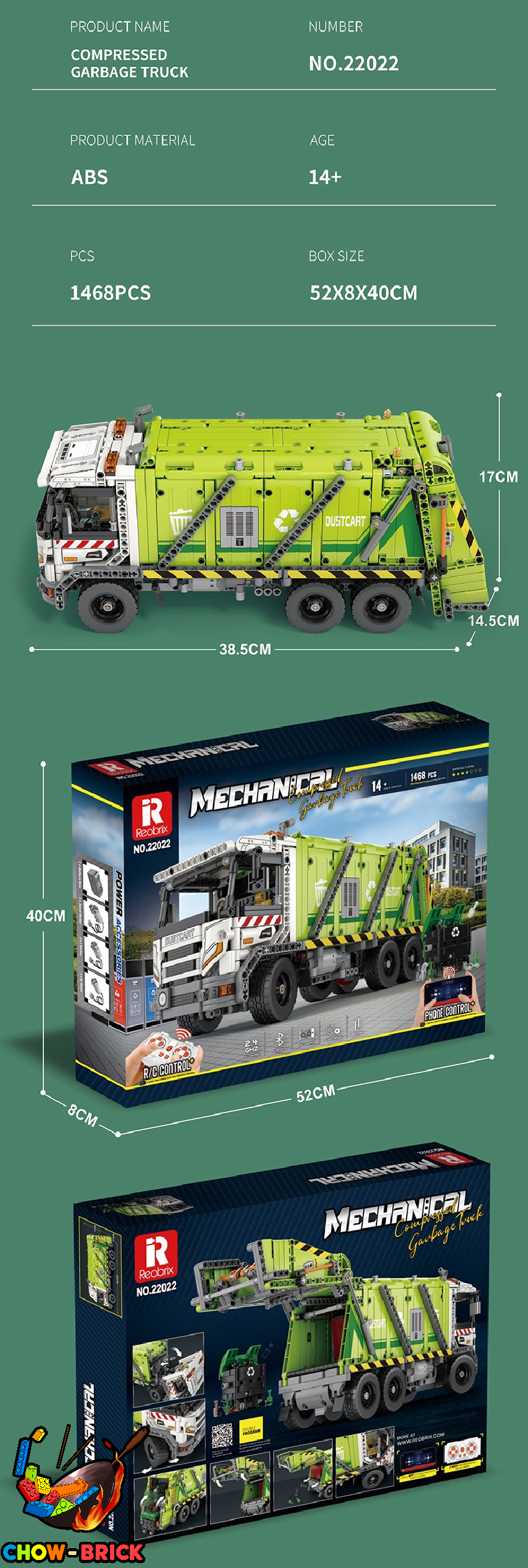 Reobrix 22022 Compressed Garbage Truck w/ PF Parts - ChowBrick Store