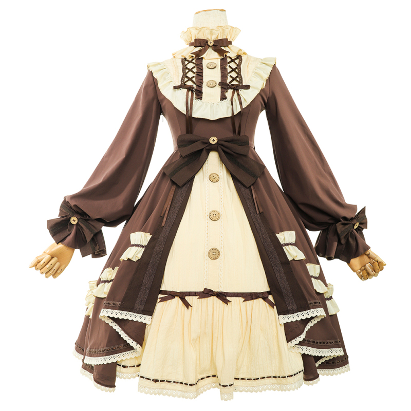 Retro Sweet Lolita Dress Chocolate Sleeve High Waist Victorian Dress Kawaii Girl Gothic Lolita Op Loli