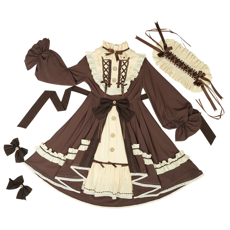 Retro Sweet Lolita Dress Chocolate Sleeve High Waist Victorian Dress Kawaii Girl Gothic Lolita Op Loli