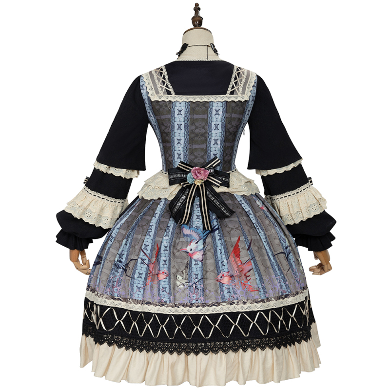 Dark Gothic Lolita Women's Aries Printing OP Dress Long Sleeve Vintage Falbala Victorian Dress Palace Girl Costume