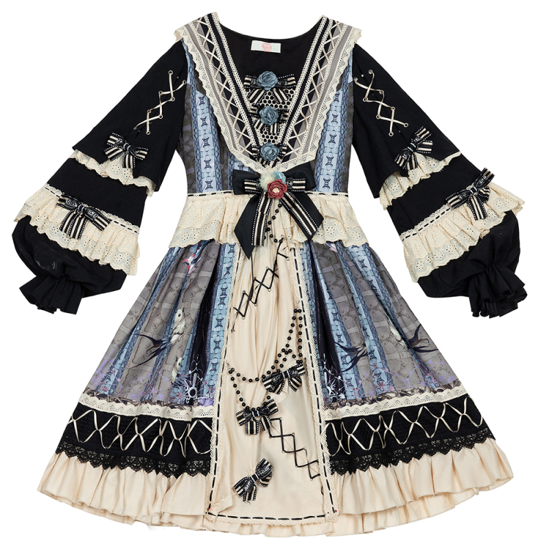Dark Gothic Lolita Women's Aries Printing OP Dress Long Sleeve Vintage Falbala Victorian Dress Palace Girl Costume