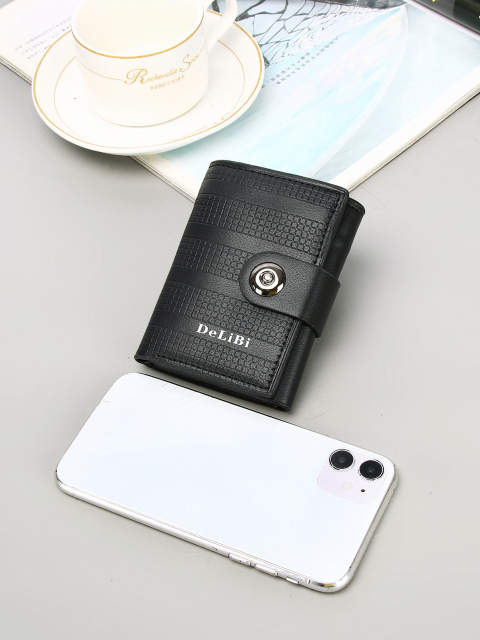 Men's three-fold embossed pu black wallet