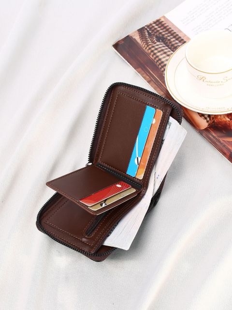 Men's PU Simple Portable Double Zipper Wallet