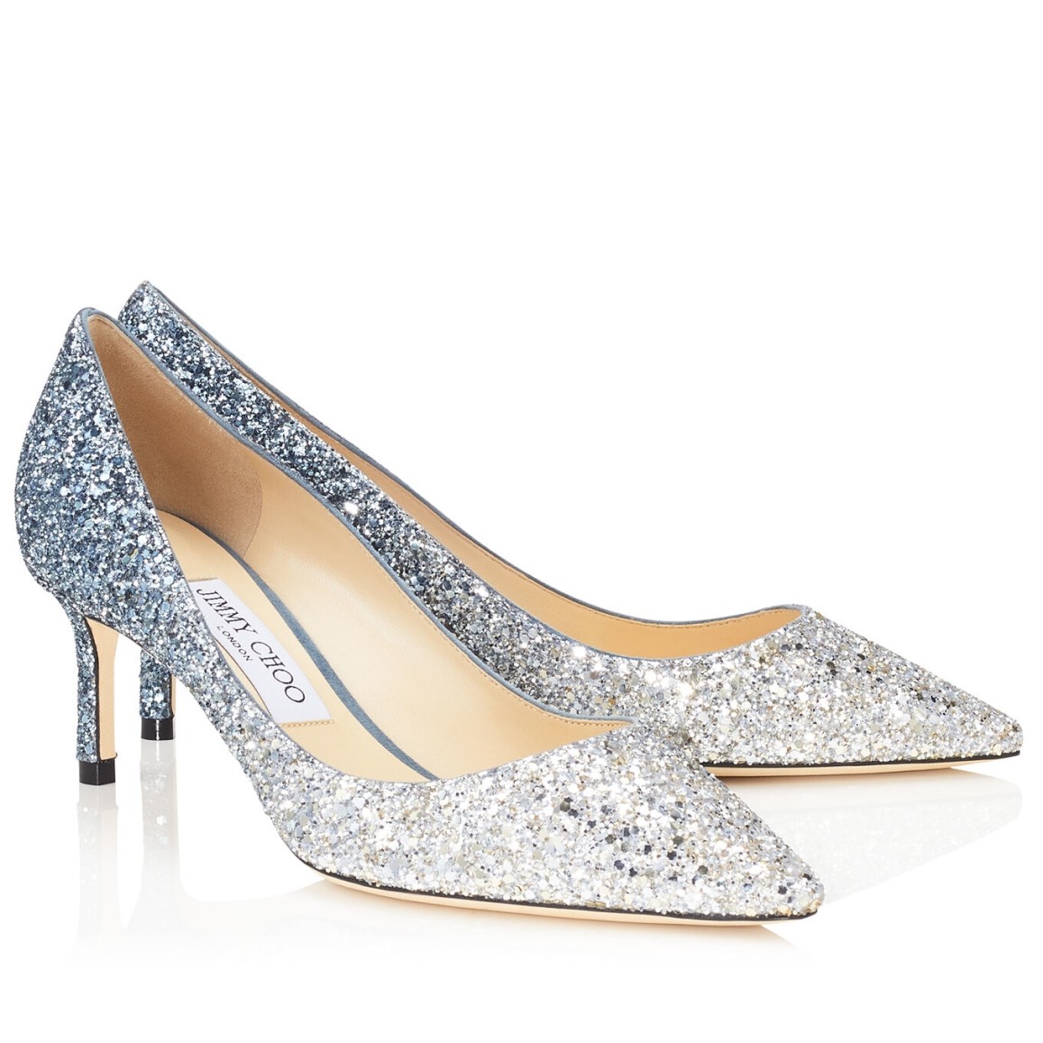 Replica Jimmy Choo Romy 60mm Pumps In Silver and Blue Glitter ...