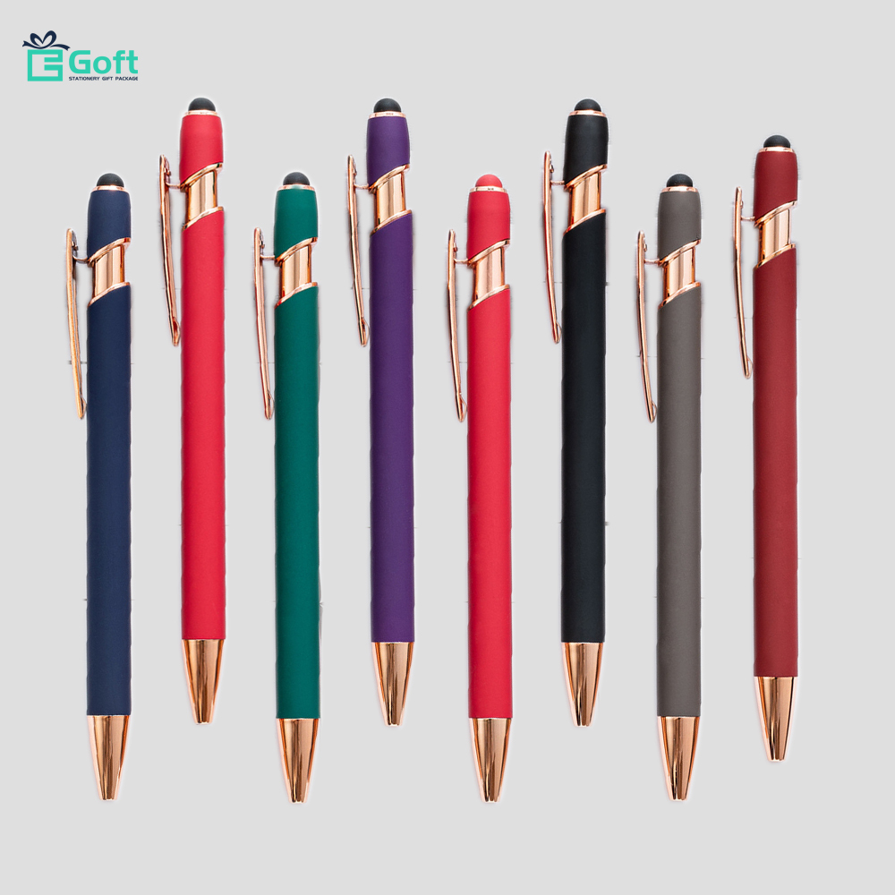 9 Colors Available Soft Rubber Coated Stylus Metal Ballpoint Pen in Rose Gold