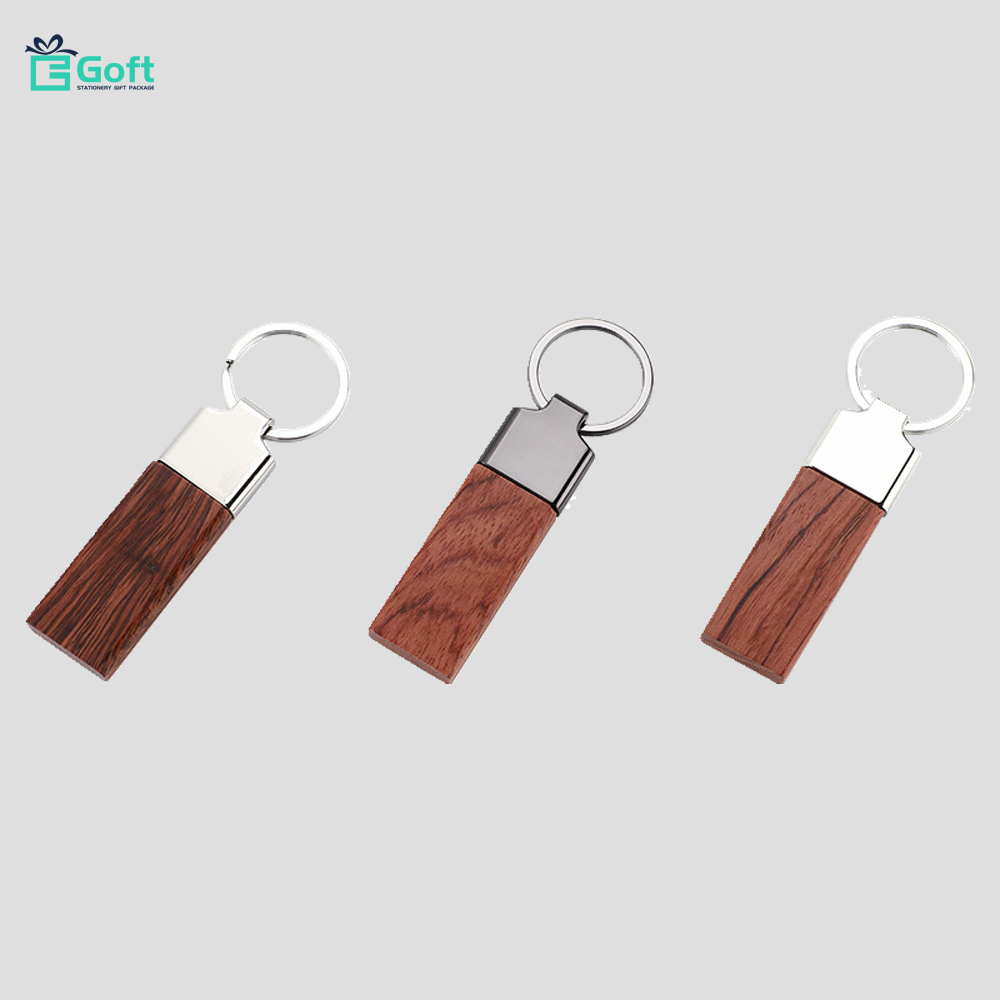 New Arrival Rectangle Blank Wood Metal Keychain Wooden Keyring