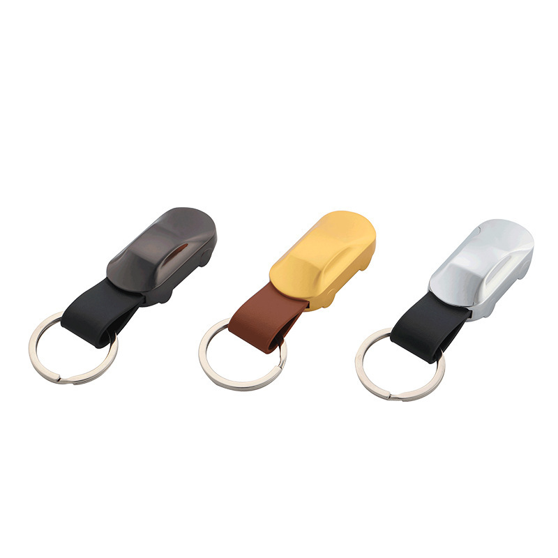 Heavy PU Leather Metal Car Shape LED Light Keychain Flashlight Keyring