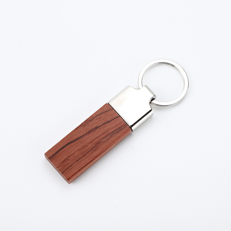 New Arrival Rectangle Blank Wood Metal Keychain Wooden Keyring