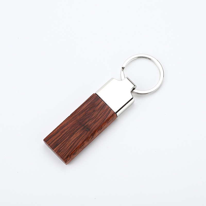 New Arrival Rectangle Blank Wood Metal Keychain Wooden Keyring
