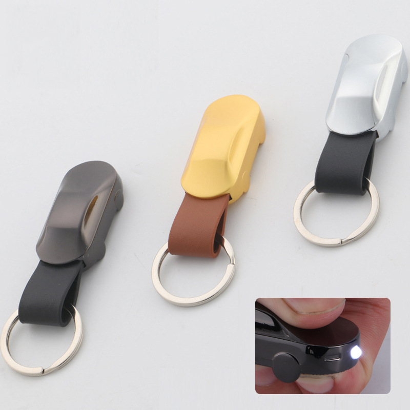 Heavy PU Leather Metal Car Shape LED Light Keychain Flashlight Keyring