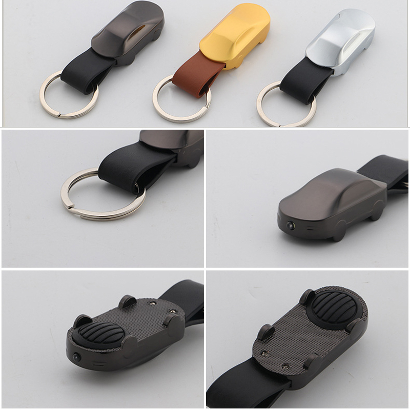 Heavy PU Leather Metal Car Shape LED Light Keychain Flashlight Keyring