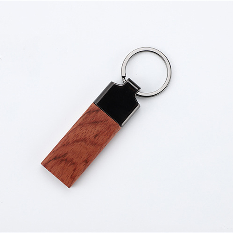 New Arrival Rectangle Blank Wood Metal Keychain Wooden Keyring