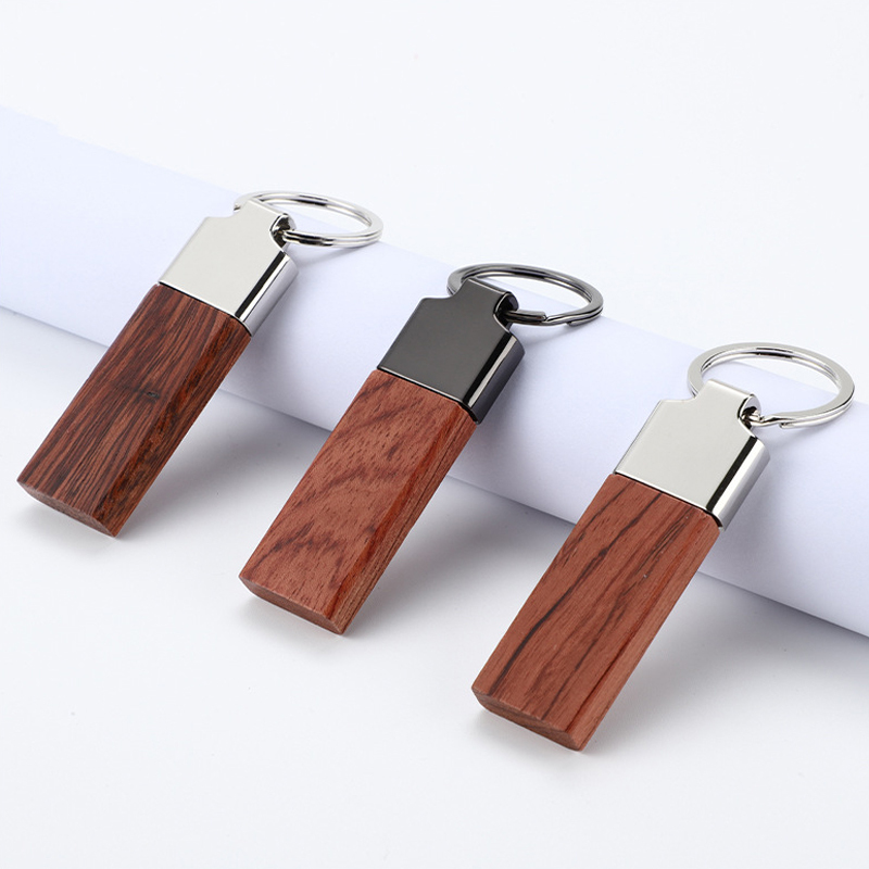 New Arrival Rectangle Blank Wood Metal Keychain Wooden Keyring