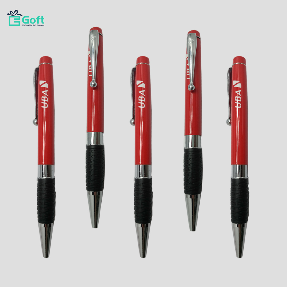 New Model Red Color Push Click Style Custom Metal Ball Pen with Rubber Grip