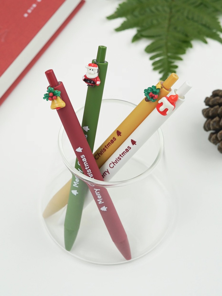 UV Printed Merry Christmas Pen Click Style 0.7mm Plastic Ball Gel Pen 4pcs per Pack