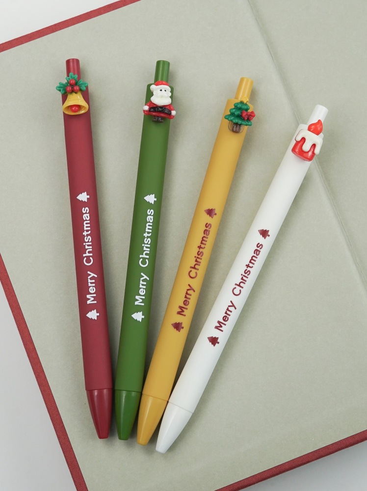 UV Printed Merry Christmas Pen Click Style 0.7mm Plastic Ball Gel Pen 4pcs per Pack