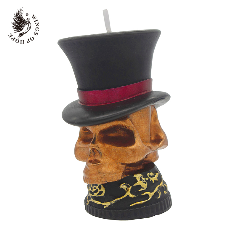 Double Faced Tophatted Skull Candle With Base