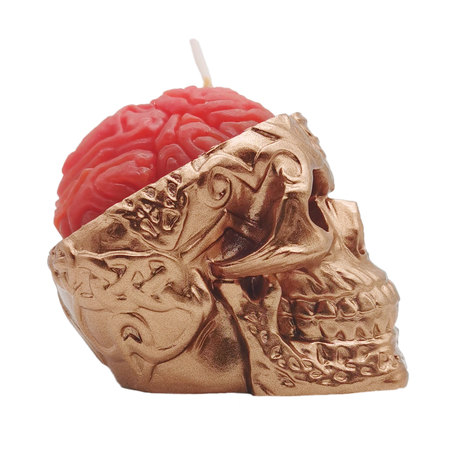 Right side view of the rose gold skull candle