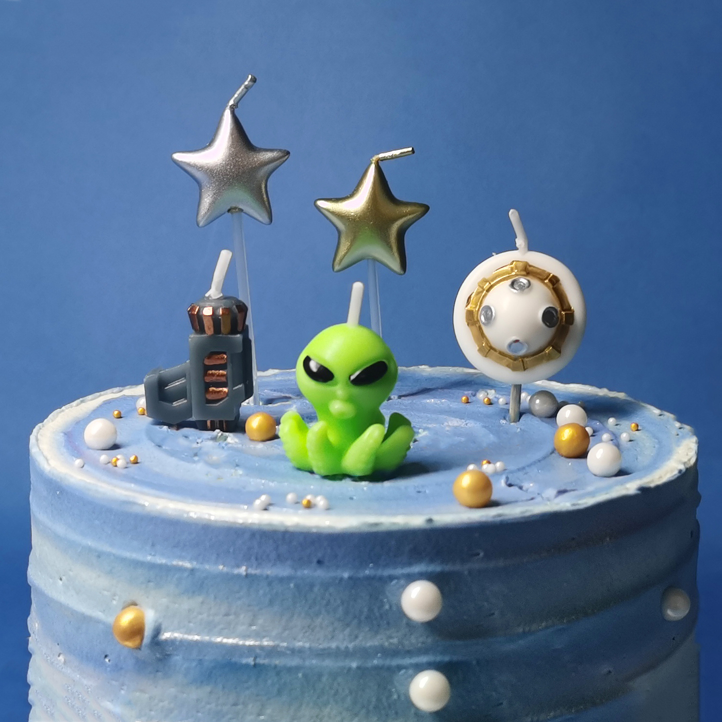 Laser Gun Flying Saucer Alien Cake Candles for Party Decoration_Outerspace Theme