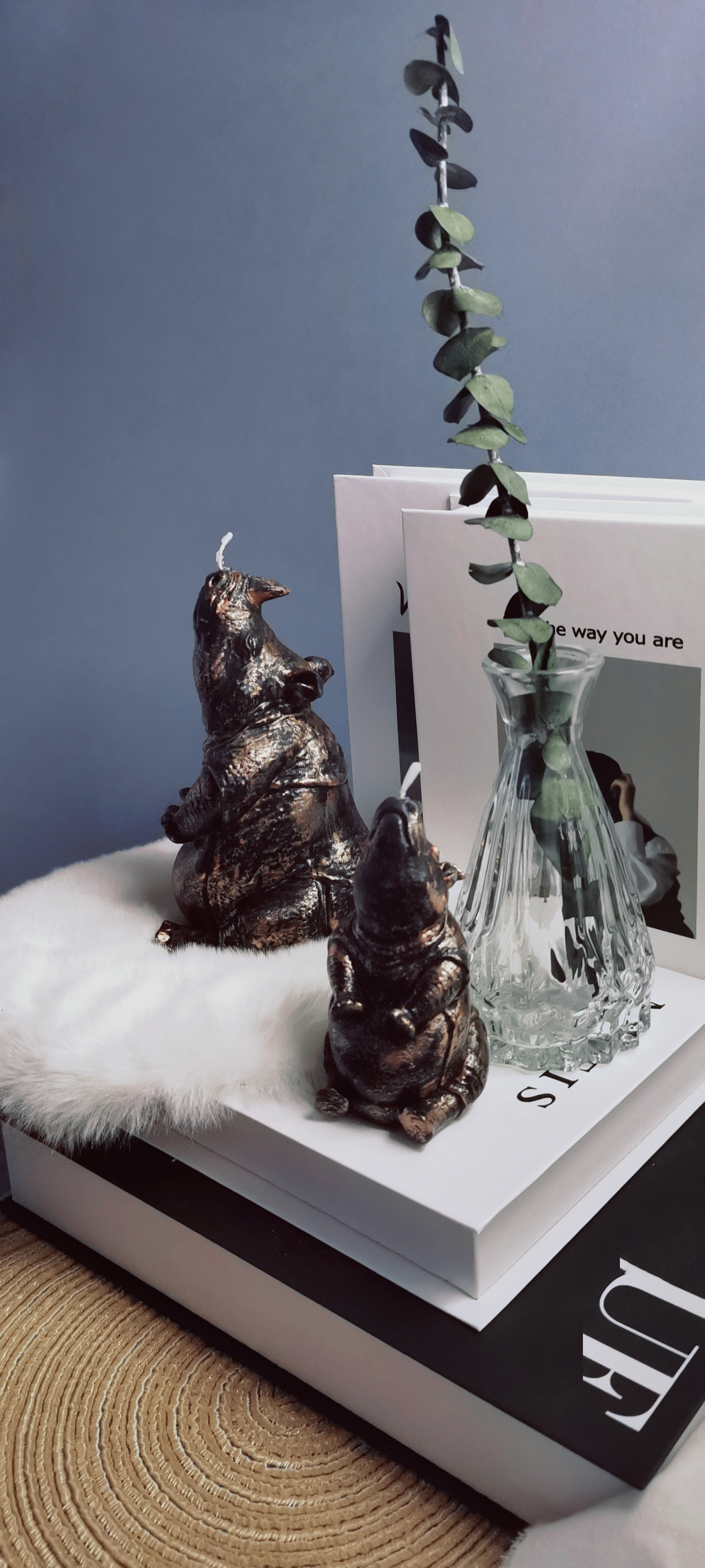 black rhino candles set by green leaves and books_vertical