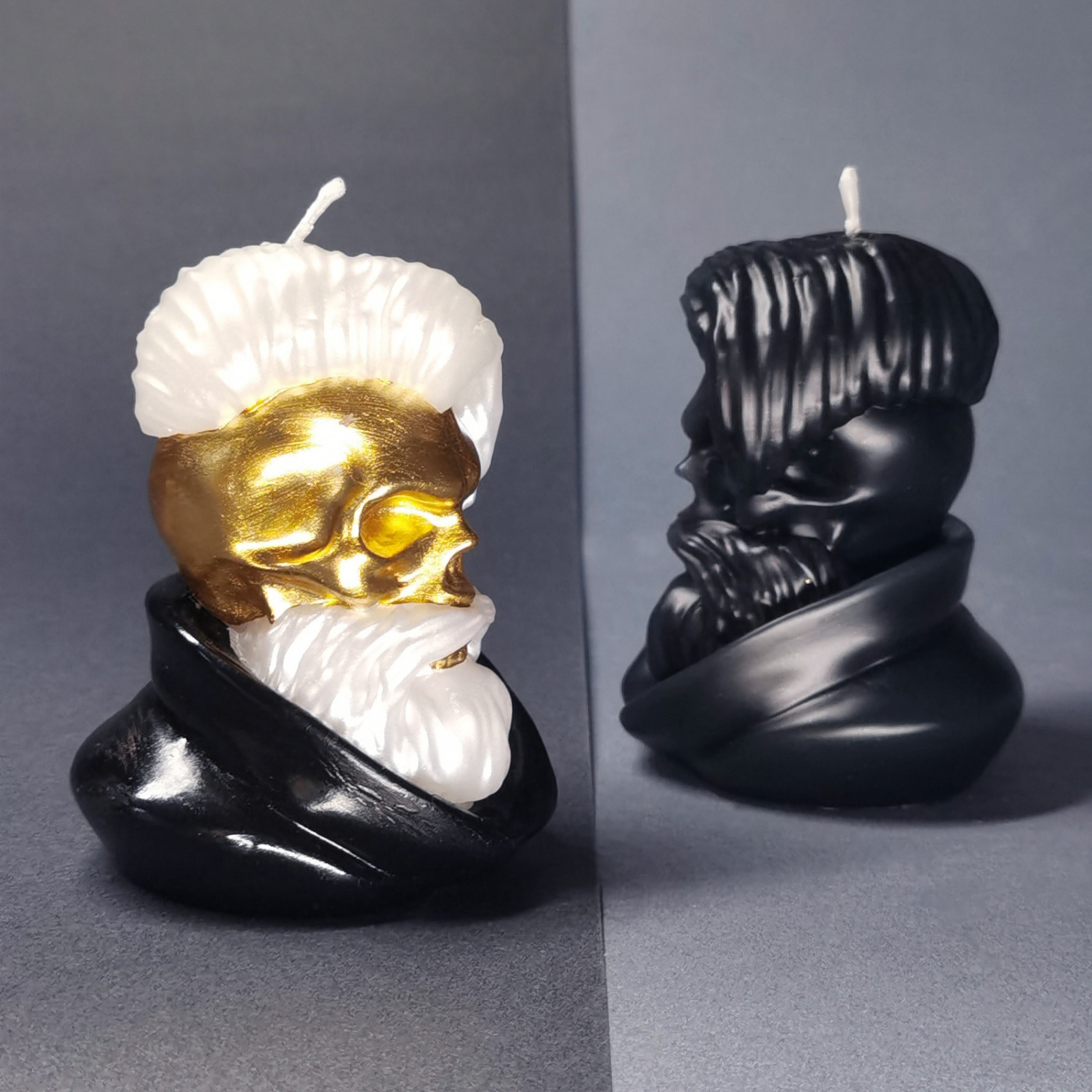 Punk Rock Black and Gold Skull Candles_sideview in black and grey background