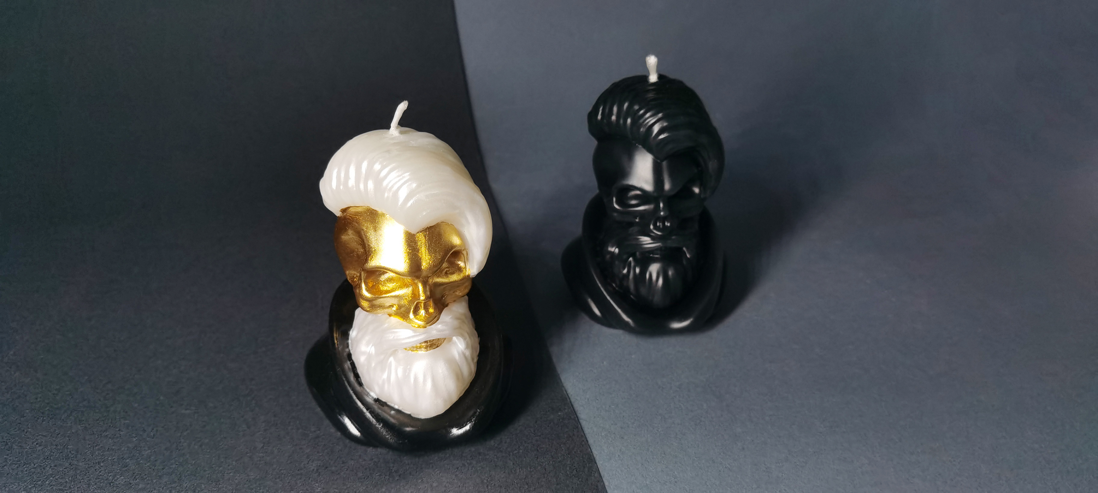 Punk Rock Black and Gold Skull Candles_ topview in black and grey background