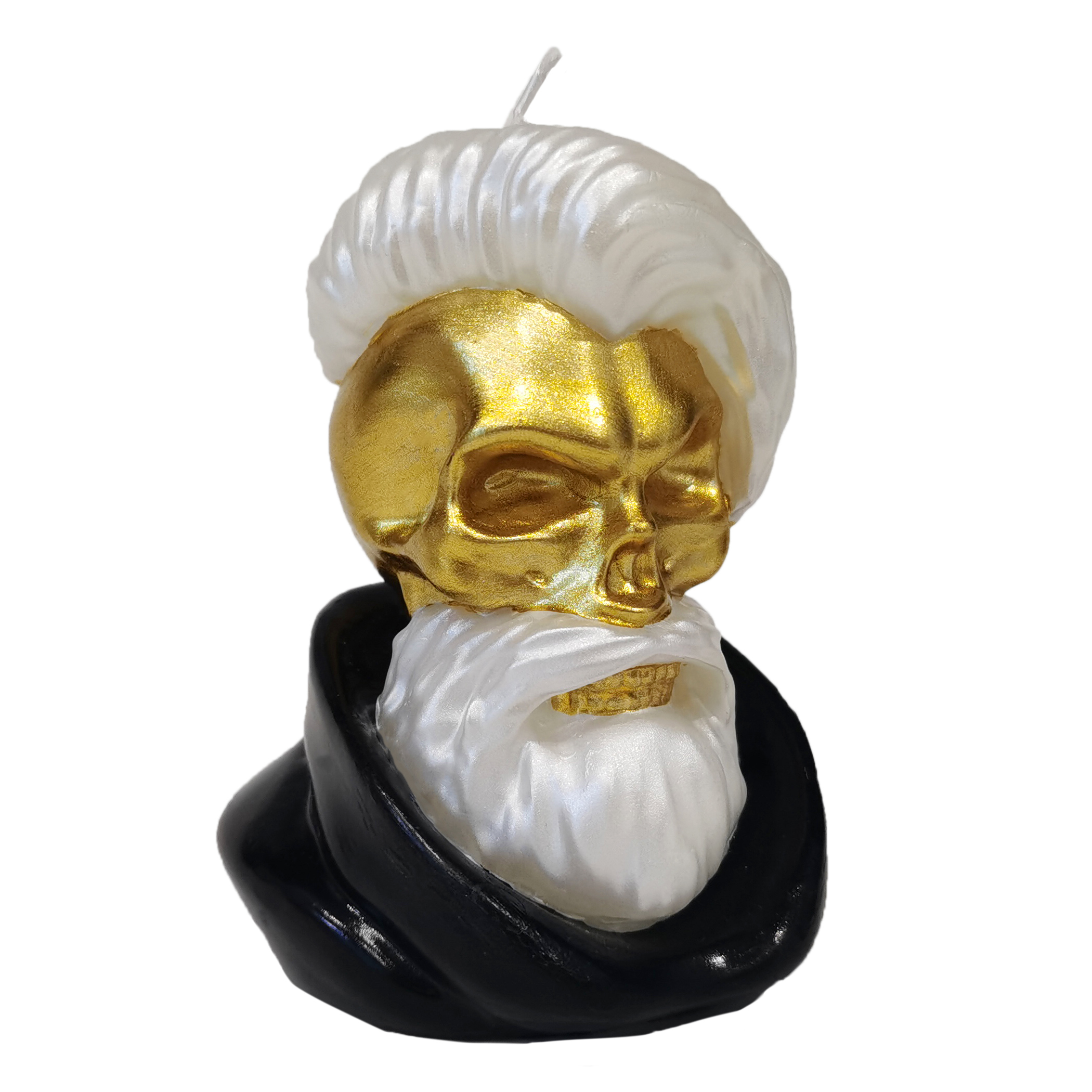 a skull candle with white stylish hair and gold face 