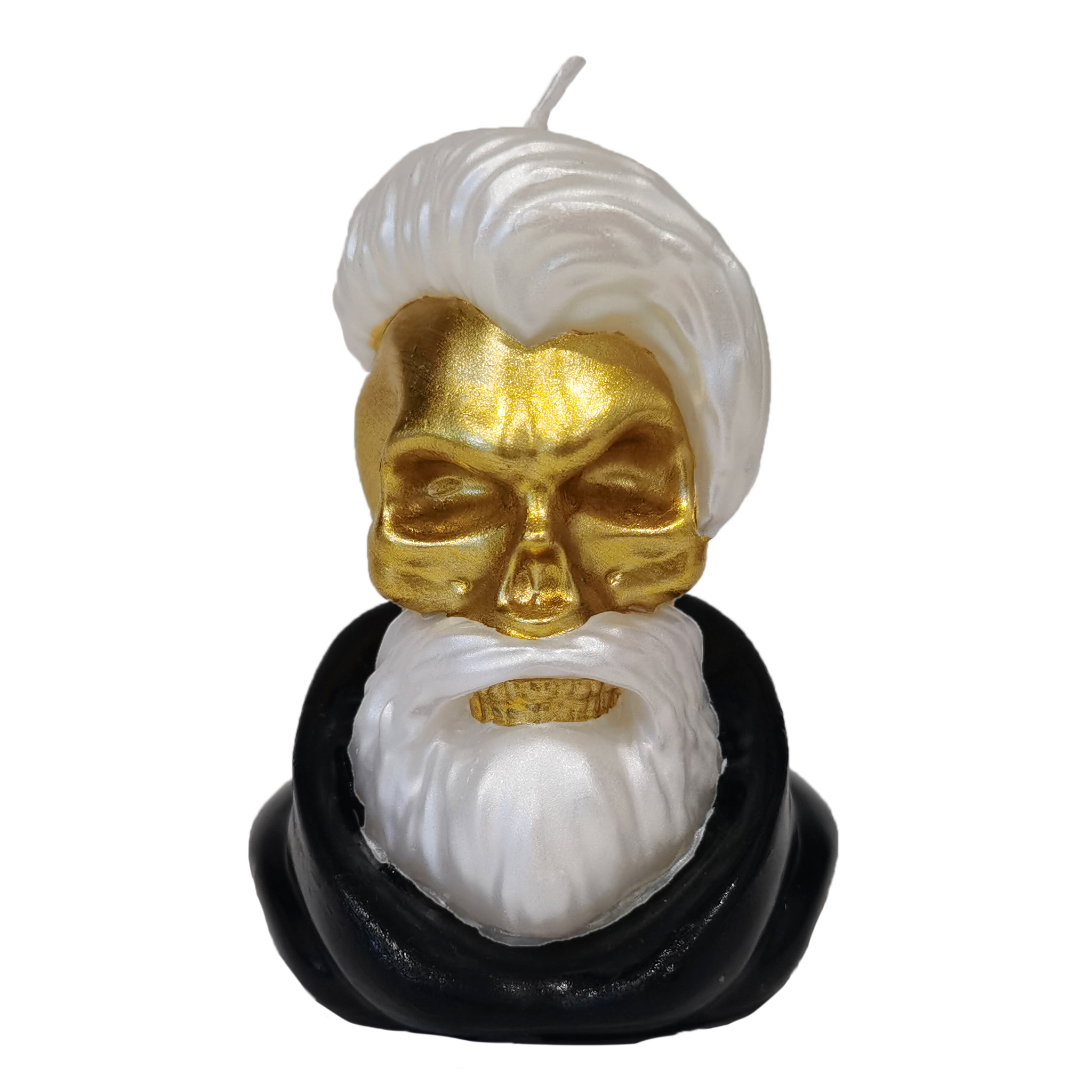 Punk Rock Skull Candle_gold skull with white stylish hair_frontview
