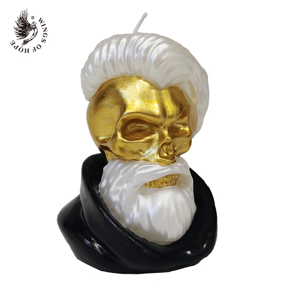 Punk Rock Skull Candle_gold skull with white stylish hair_WINGS OF HOPE LOGO